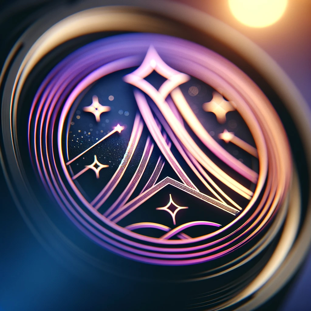 A futuristic logo for a tech startup named 'Aniyunwiya Industries'. The logo has a modern, sleek, and elegant design. It features a symbol with the Big Dipper constellation arranged in a dynamic, abstract way, with lines connecting the stars in a minimalist style. The color scheme consists of Royal Purple (#7851A9) and Royal Gold (#F5BD02). The overall shape of the symbol is geometric and sharp, reflecting innovation. The background is subtly blurred as if captured through an 85mm f/1.4 lens, creating a sense of focus and depth.